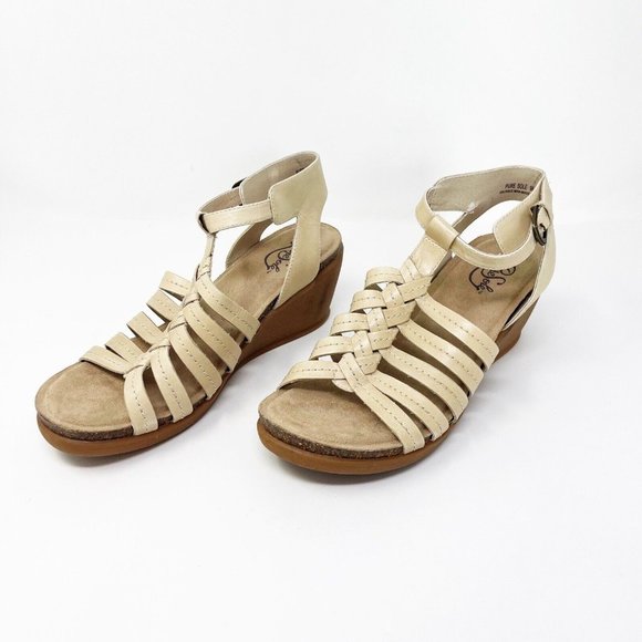 Pure Sole Leather Beige Nude Strappy Open Toe Wedge Sandals Size 9 - Picture 11 of 12